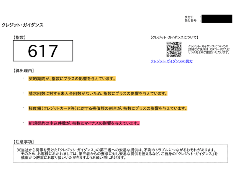 CICクレジット・ガイダンスの信用スコア(617点)と算出理由の実物画像